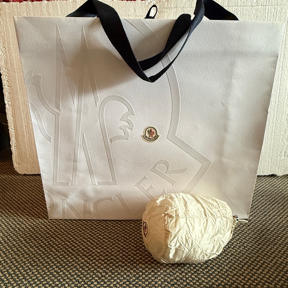 New Moncler large shopping bag and logo nylon 7” drawstring pouch .💯 authentic